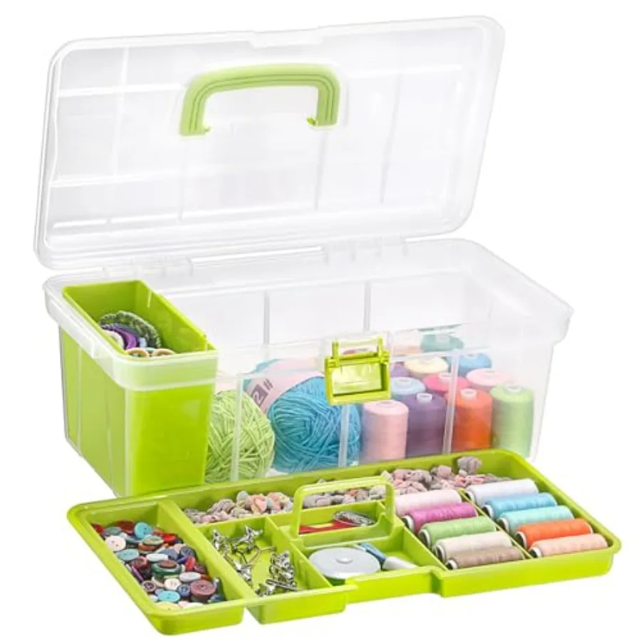 

BTSKY 15 Inch Large Capacity Portable Clear Sewing Storage Box - with Removable Compartment Tray, Multi-Layer Sorting Organizer