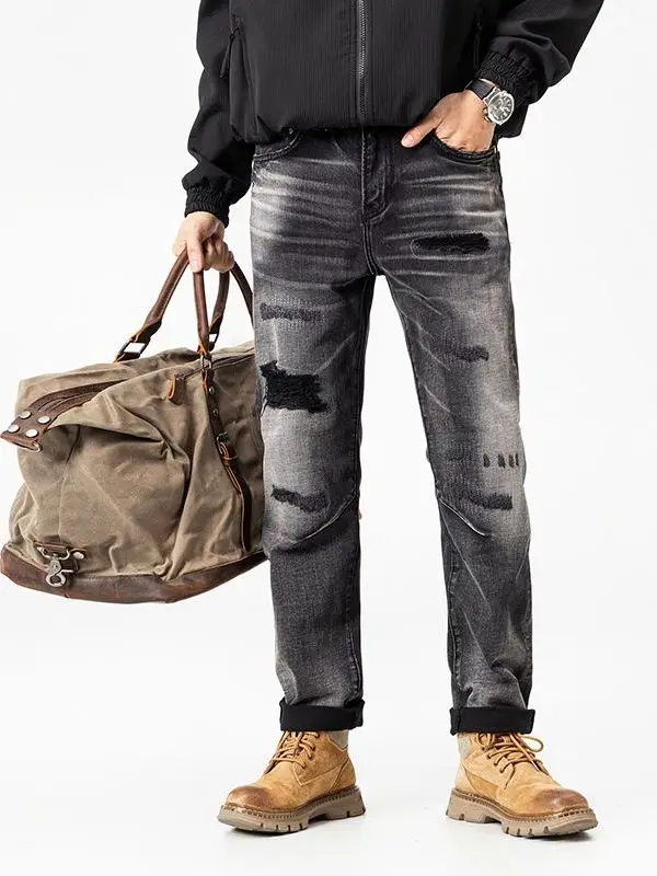 

Retro American Patchwork Men's Jeans Straight Leg Casual Torn Washed Cotton Stretch Fabric Youth Wear Winter Season