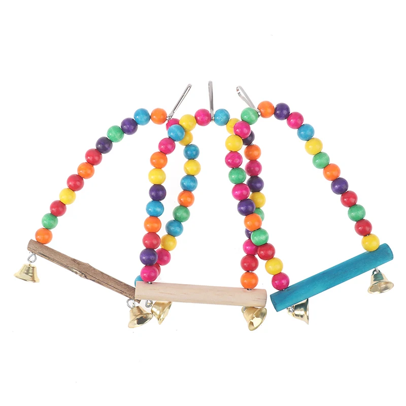 New 1PC Natural Wooden Parrots Swing Toy Birds Colorful Beads Bird Supplies Bells Toys Perch Hanging Swings Cage for Pets