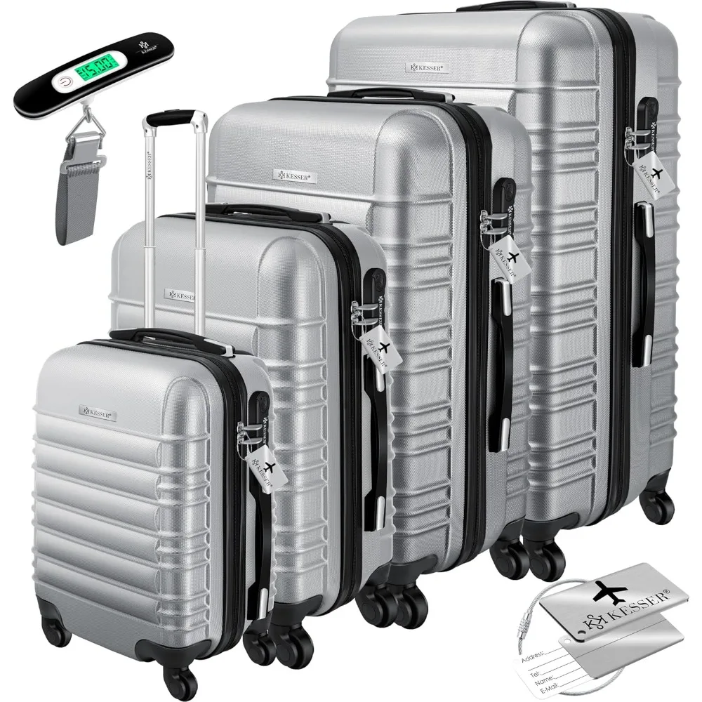 

KESSER ® Набор из 4-х чемоданов | Багаж на колесиках | Жесткий чемодан | Чемоданы M-L-XL, Серебристые