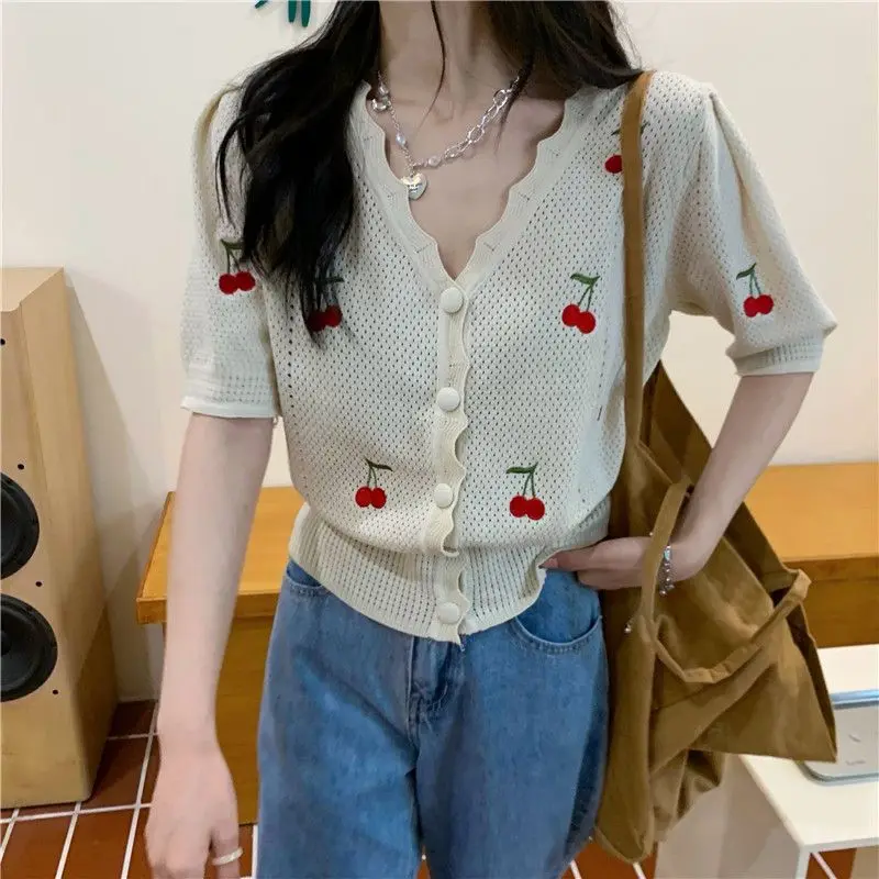 Summer Womens V-neck Cherry Knitted Short Sleeved Cardigan Top