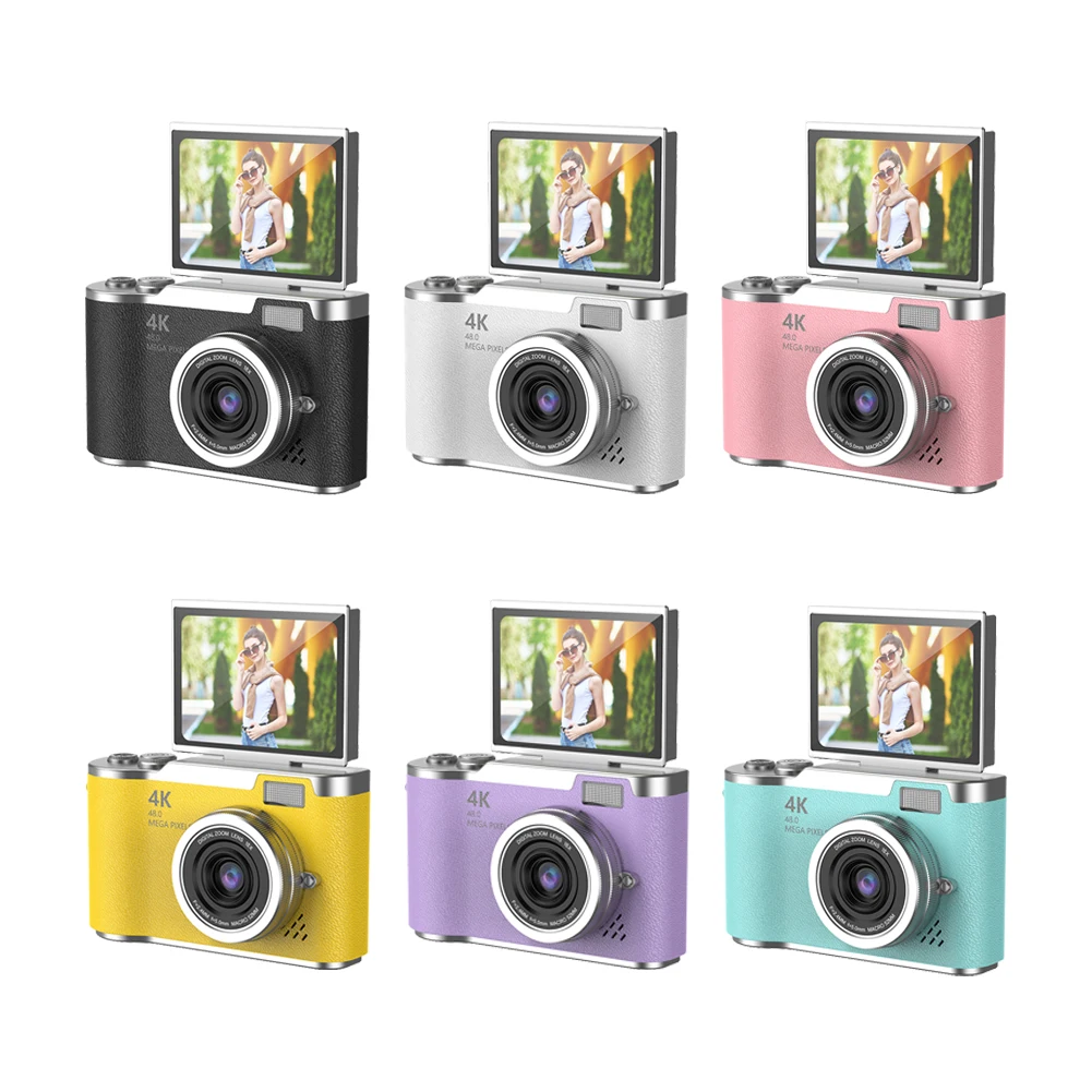 4K 디지털 카메라 48MP 휴대용 CCD 카메라 8배 줌 비디오 캠코더 180도 회전 화면 비디오 레코더 (청소년, 성인, 초보자용)