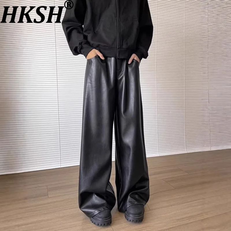 HKSH American Stylish Motorcycle PU Leather Pants Men Spring Autumn New Trend Brand High Street Loose Straight Wide-Leg HK18802