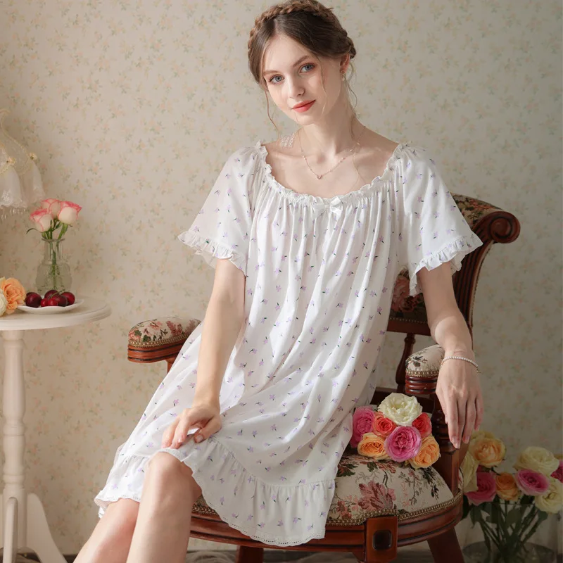 

Summer Sweet Print Floral Short Sleeves Night Dress Sexy Above Knee Nightie French Loose Round Neck Cotton Nightgowns Sleepwear