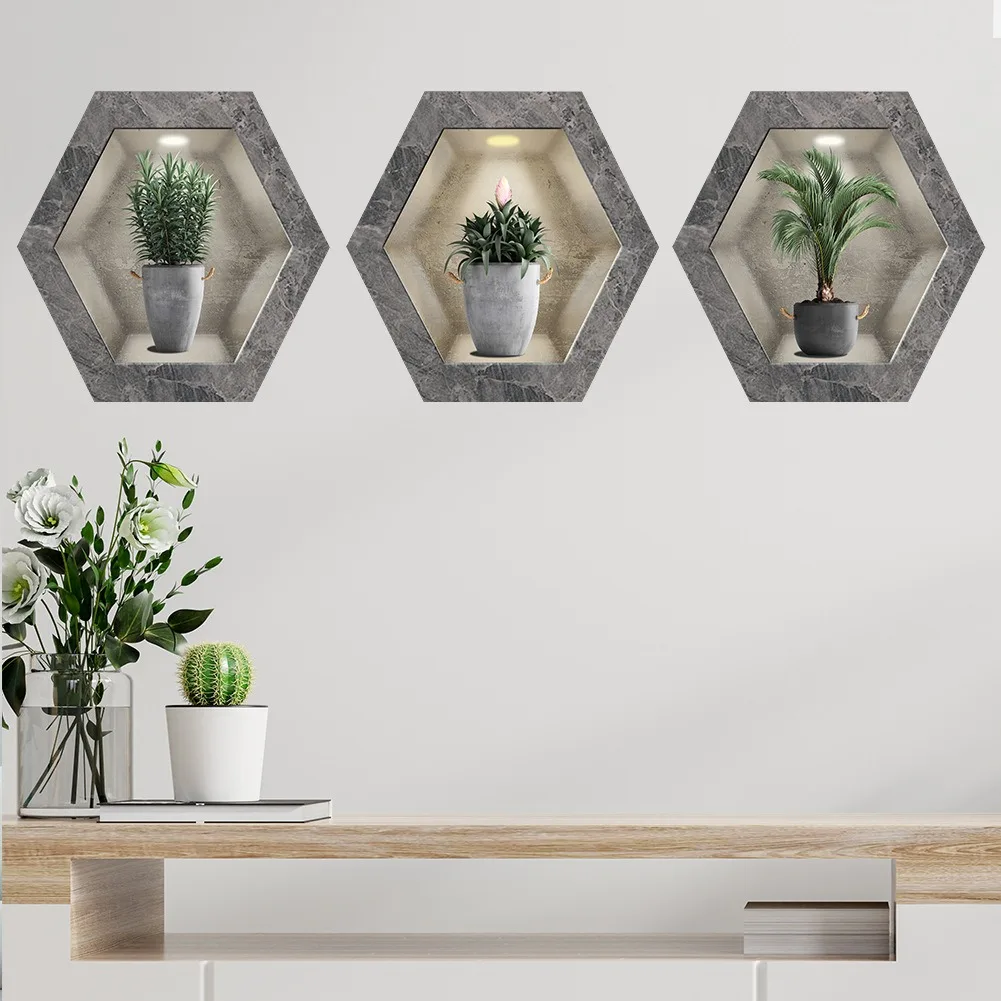 Tropical Green Plants Potted Hexagonal Photo Frame Wall Stickers For Decorating Living Rooms