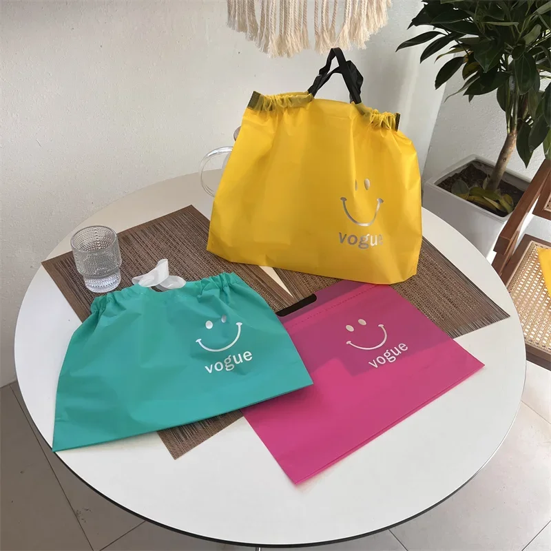 

50pcs Thick Plastic Drawstring Handbag Smiling Face Clothing Store Storage Bag Catering Pack Take-out Portable Packaging Bags