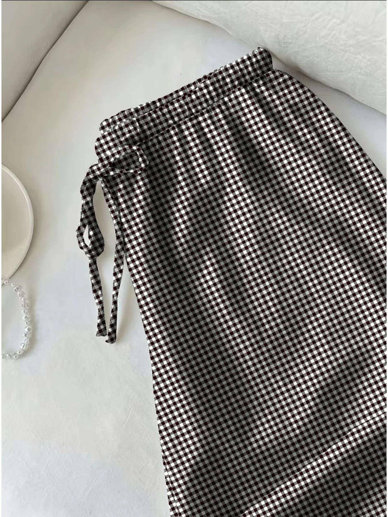 Damen-Hose mit Karomuster und Farbblock-Design, tailliert, lässig, bequem, mit Trägern, hoher Bund – Detail 4