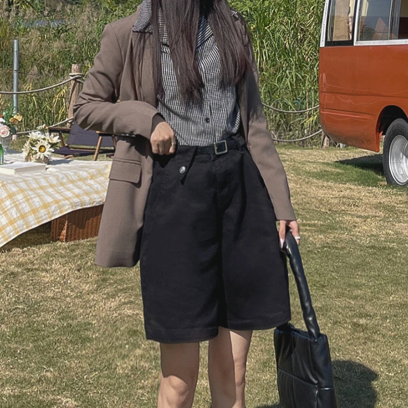 الصيف تمتد النساء الركبة الجينز واسعة السراويل حزام عالية الخصر فضفاض الشارع الشهير Y2K قصيرة الدنيم السراويل القهوة السوداء الإناث #3