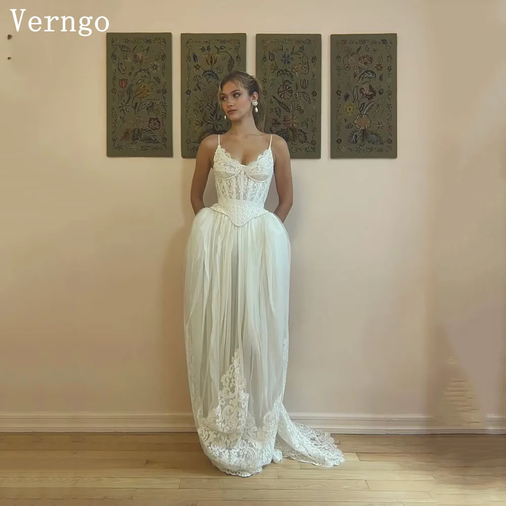 Verngo lvory Lace Wedding Dress Spaghetti Strapless Mermaid Bridal Gowns Women Elegant Pleated Bonw Bride Dress Customized