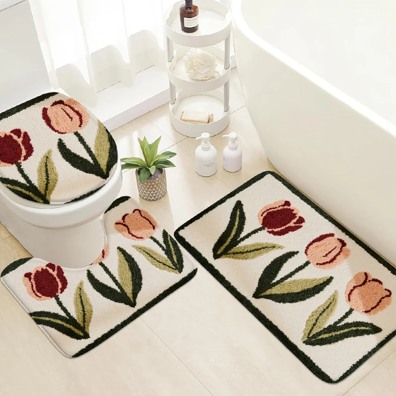 3pcs cute flower flannel bathroom floor mat toilet lid mat U-shaped bathroom floor mat shower room anti slip absorbent carpet