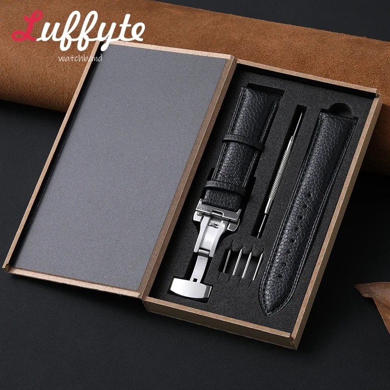 Business Butterfly Buckle Watch Accessories 18/20/22mm Universal Replacement Watch Band with Gift Packing Box Leather Watch Band