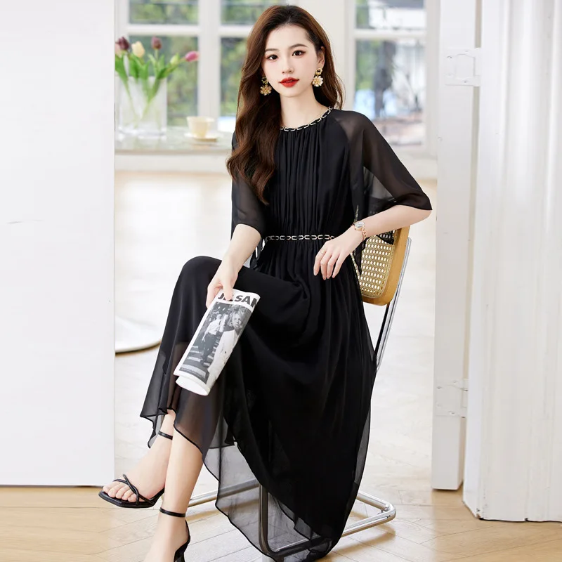 Round neck elegant elegant all-match fashion silk dress