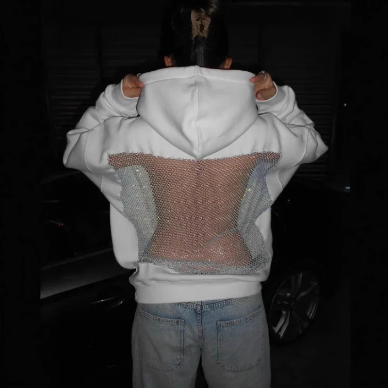 

2025 Autumn and Winter Fashion Solid Color Openwork Mesh Women's Sexy Hoodie Sweater