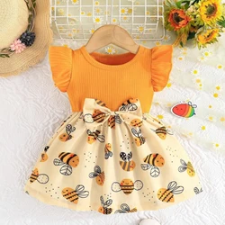 Summer New Style Yellow Little Flying Sleeve Cute Girl Dress Cartoon Bee Printed Dress Comes With Bow Headband