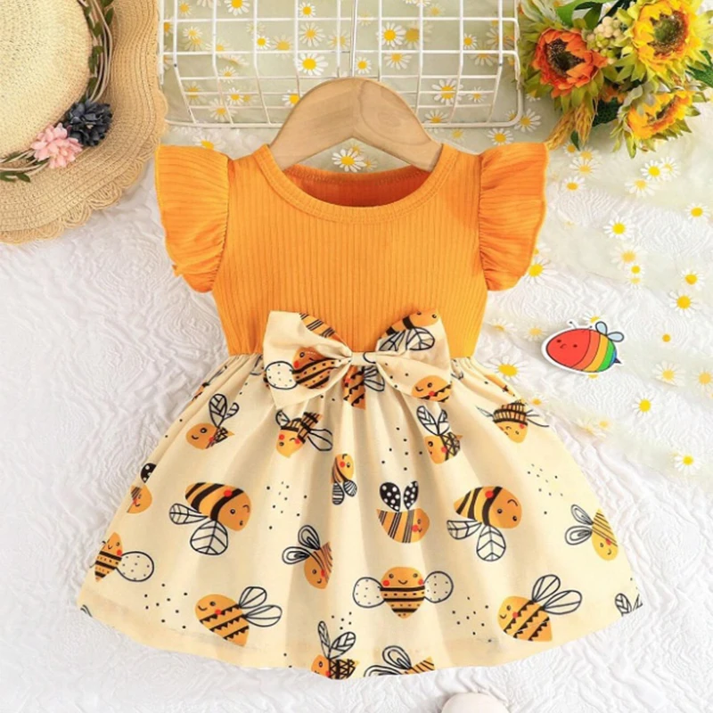 Summer New Style Yellow Little Flying Sleeve Cute Girl Dress Cartoon Bee Printed Dress Comes With Bow Headband