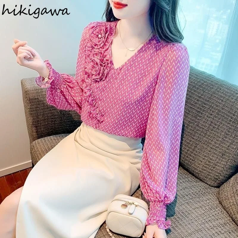 Print Summer Shirts Women Clothes 2024 Blusas Mujer De Moda V-neck Puff Sleeve Loose Blouses Chic 3D Floral Chiffon Blouse Tops