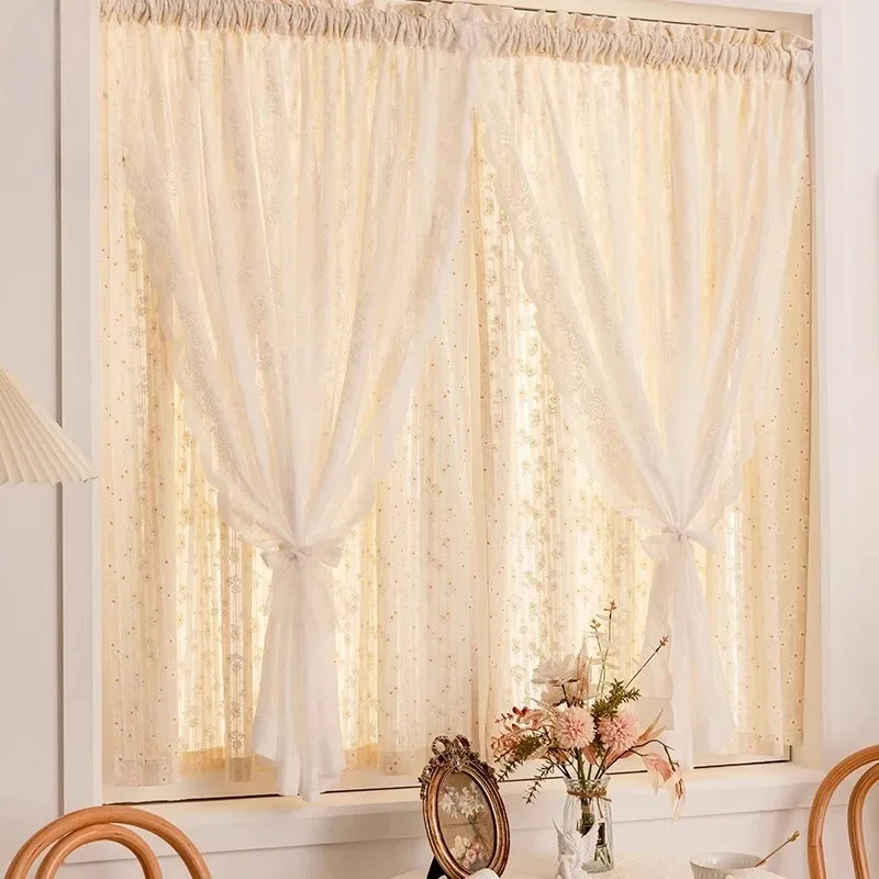 French Double Layer Cloth Yarn Integrated Pastoral Lace Curtains for Living Room Small Window Gauze Filtering Seamless Design