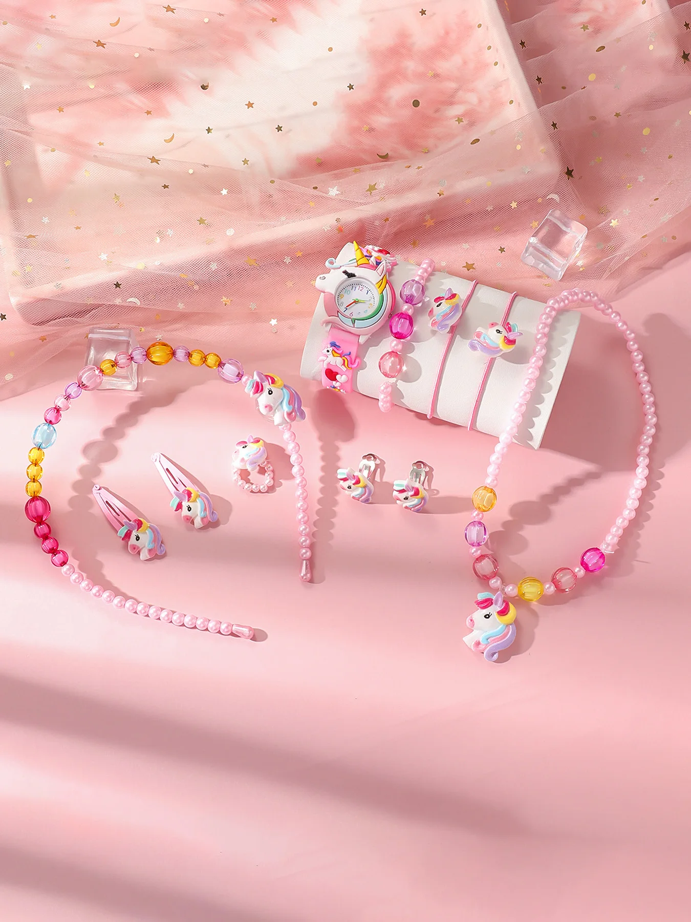 

Cute macaron color series exquisite unicorn silicone quartz watch unicorn bead necklace hair clip set