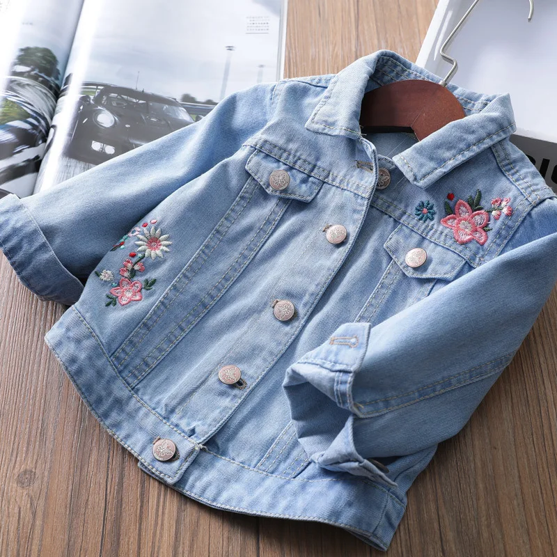 

2025 Autumn Girls Casual Embroidery Flower Jeans Jacket Kids Long Sleeve Denim Coat Outerwear 2-7 Years
