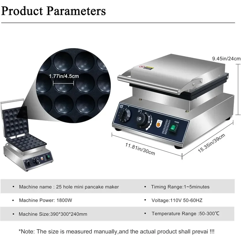 Dutch Pancake Maker 25pcs Mini Pancake Maker Machine 1800W Commercial Electric Poffertjes Grill Stainless Steel Temp Time