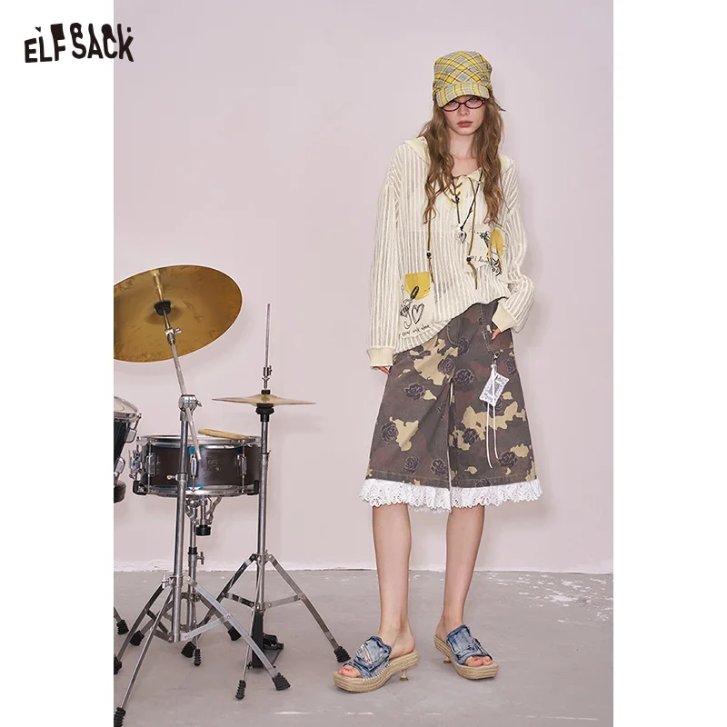 ELFSACK 2025 Summer New Arrival Cute Cool Casual Irregular Patch Print Hooded knitwears Sweater For Woman