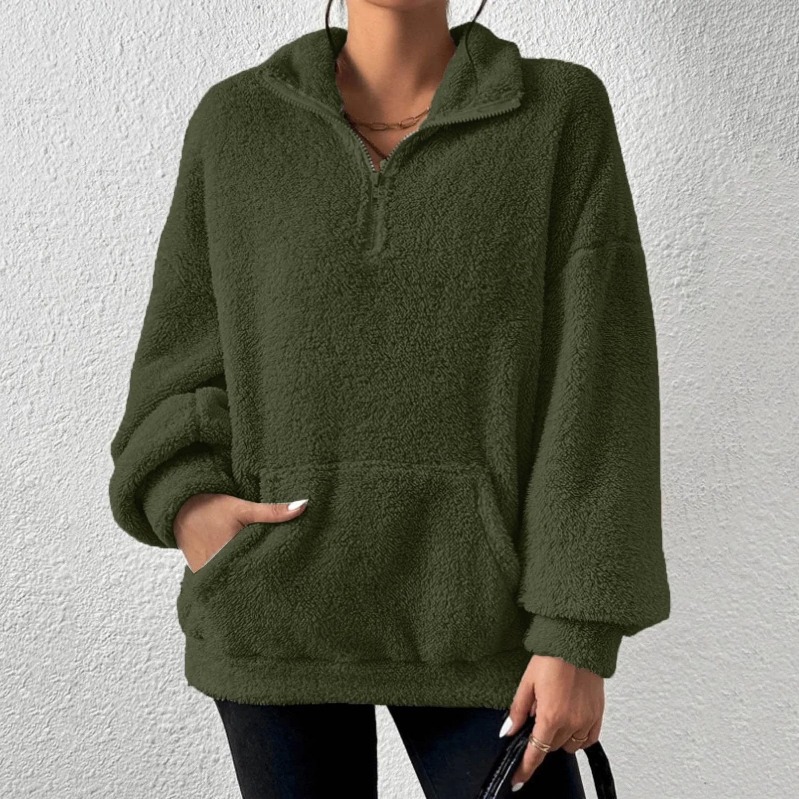 Women's Solid Color Half Zip Long Sleeved Hoodie Warm Fuzzy Hoodies for Women