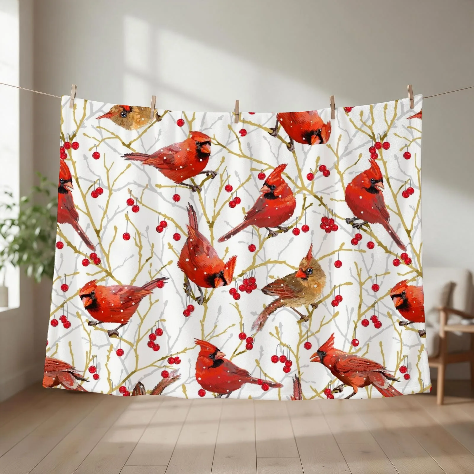 Winter Cardinals | White Throw Blanket couch cozy soft plush fuzzy picnic outdoor blanket