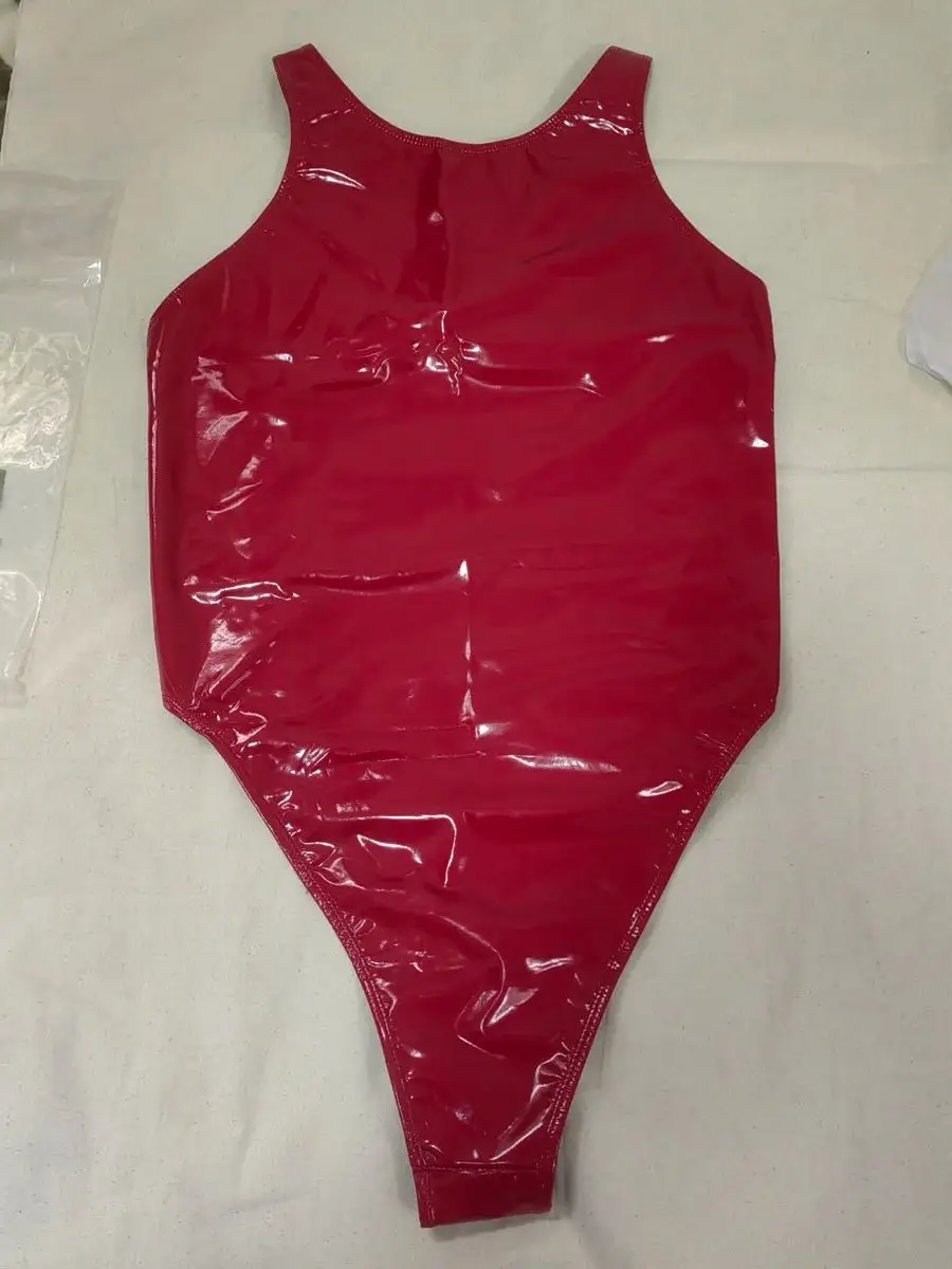 S-3XL Wet Look PVC Swimsuit Sleeveless Backless Catsuit Shiny PU Leather Bodysuit Tights Body Teddies High Cut Sukumizu Leotard