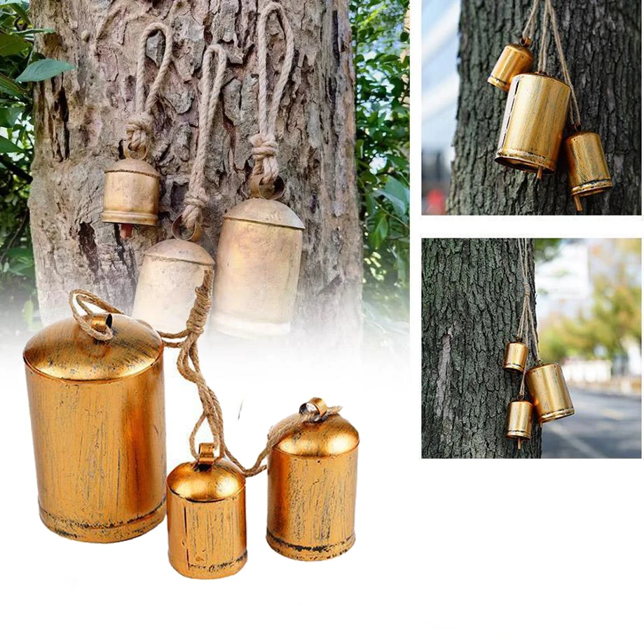 Rustic Christmas Decor: Large Cow Bells for Decoration - Vintage Gold Bells on Rope (Set of 3)