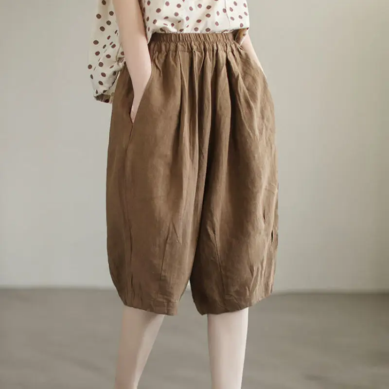 Women Summer Simplicity Vintage Loose Solid Color Cotton and Linen Quarter Shorts Ladies Casual Appear Thin All-match Wide Leg