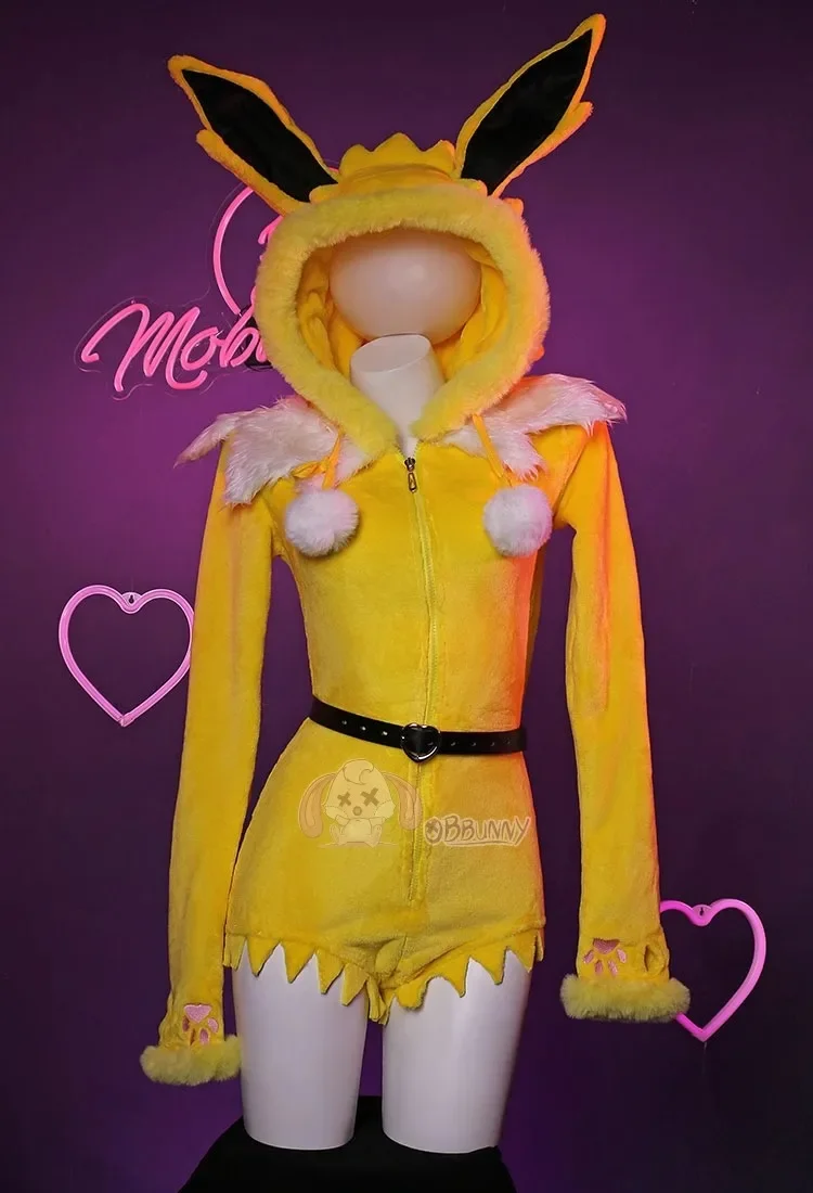 Kostum Cosplay Anime Jolteon untuk Wanita Setelan Kaus Kaki Bodysuit Bertudung V Dalam Seksi Piyama Mewah Kartun Gadis Kelinci Lolita Natal