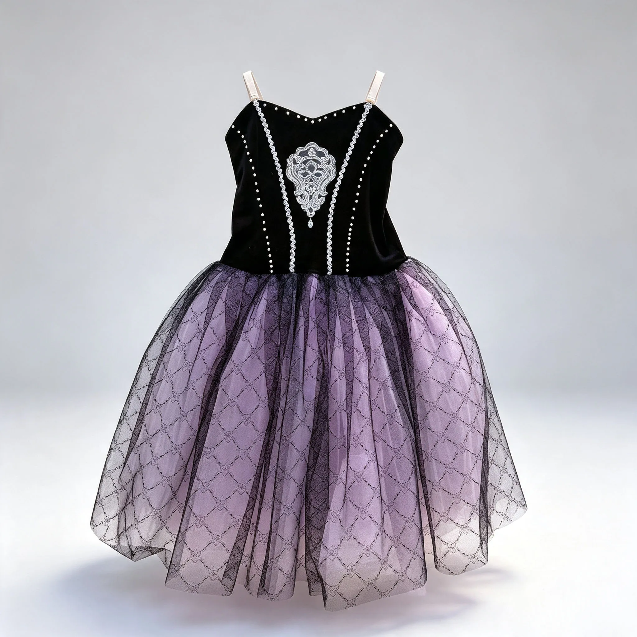 Girls Ballet Tutu Dress Off-Shoulder Black Lace Ruffle Dance Costume Sleeveless Strap Long Tulle Stage Performance Skirt