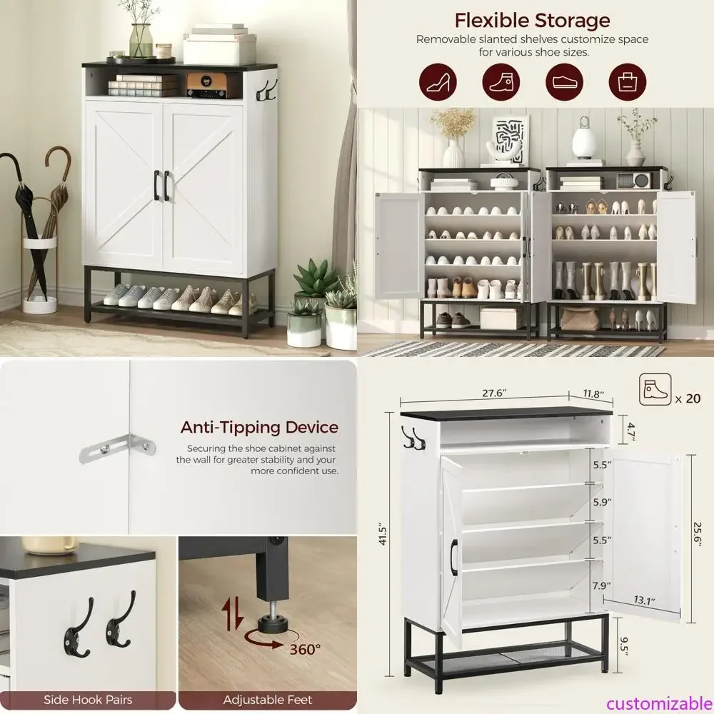 

6-Tier Farmhouse-Style Shoe Storage Cabinet with Doors and Shelves for Entryway, Slimline Freestanding Organizer