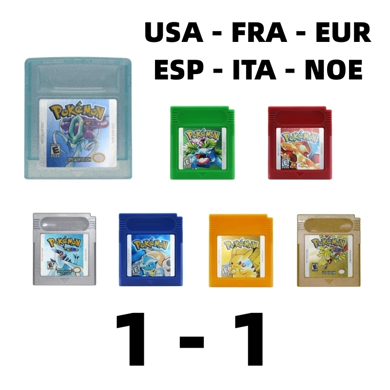 

16-битный картридж для видеоигр, консольная карта GBC Pokemon, красный, зеленый, серебристый, синий, кристалл, желтый, золотой, английский, США, оригинальная версия