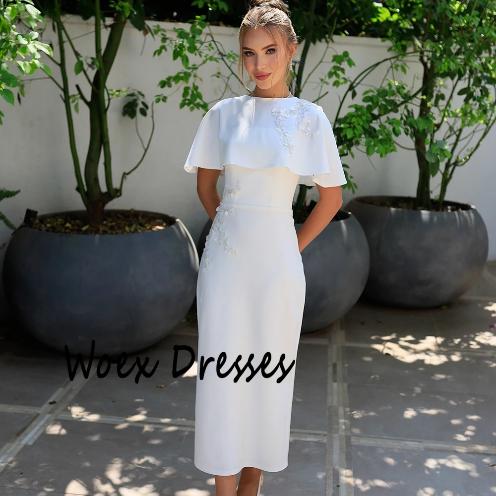 Personalizado sem alças simples camisa branca vestido de noite com capa sem mangas apliques vestido de festa em linha reta chá-comprimento vestido de baile