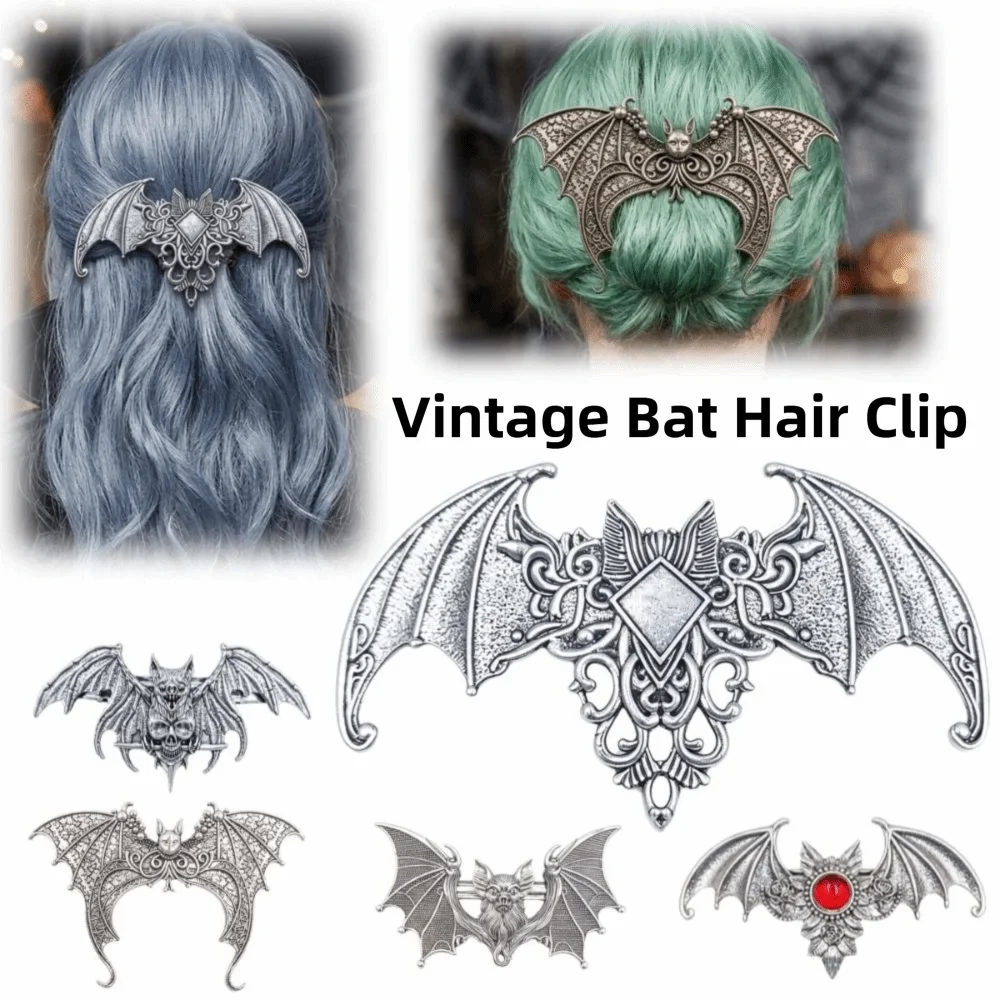 Viking Vintage Silvery Bat Hair Clip Antiqued with Strong Grip Gothic Carved Bat Hair Barrette Head Ornament Medieval