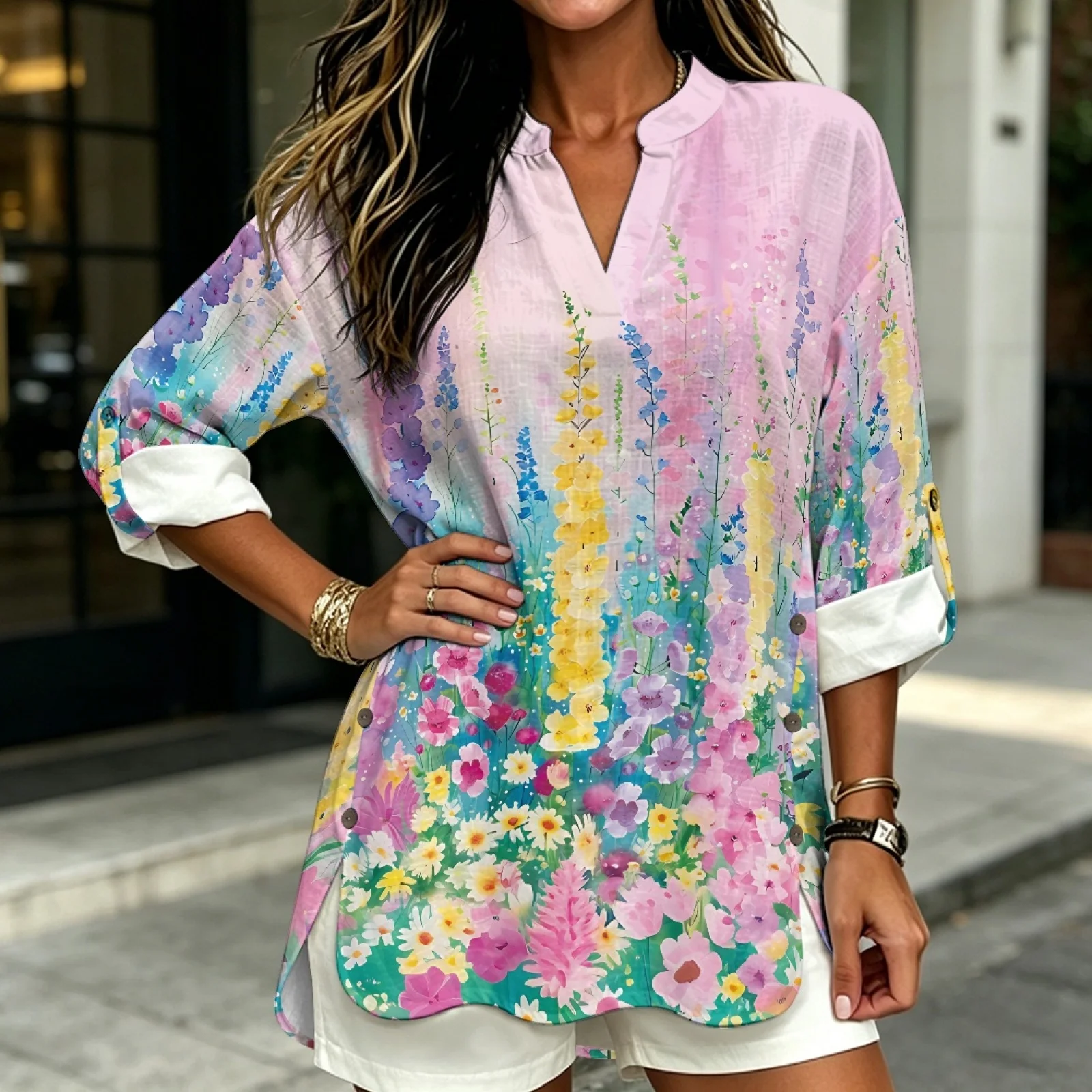 PENSTROLL Watercolor Floral Linen Like Dressy Casual Blouses Casual Shirts for Womens Flowy Hem Notch V Neck Blouses