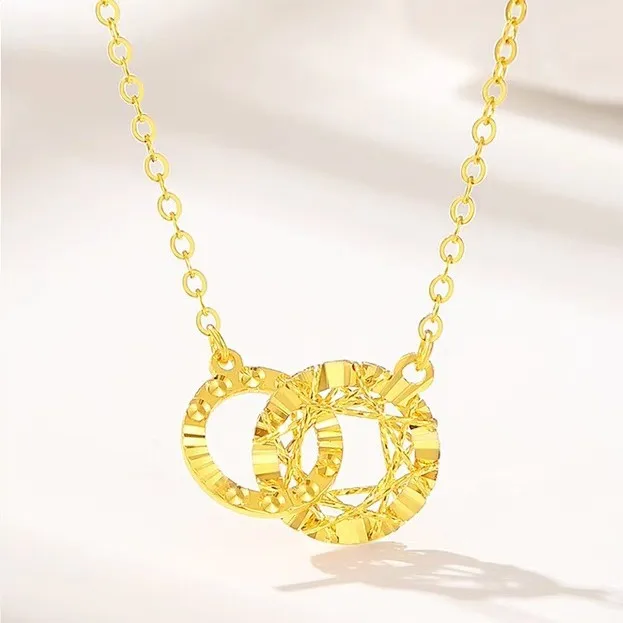 

Double Ring Necklace for Women, 24K Gold, AU999 | Sleek interlocking rings on delicate chain, minimalist elegant symbolism.