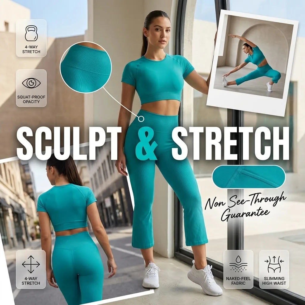 Slimming Yoga Set Woman Ribbed High Waist Capri Flare Leggings Tee Breathable Workout Gym Outfit Sportswear Femme 2 Piece