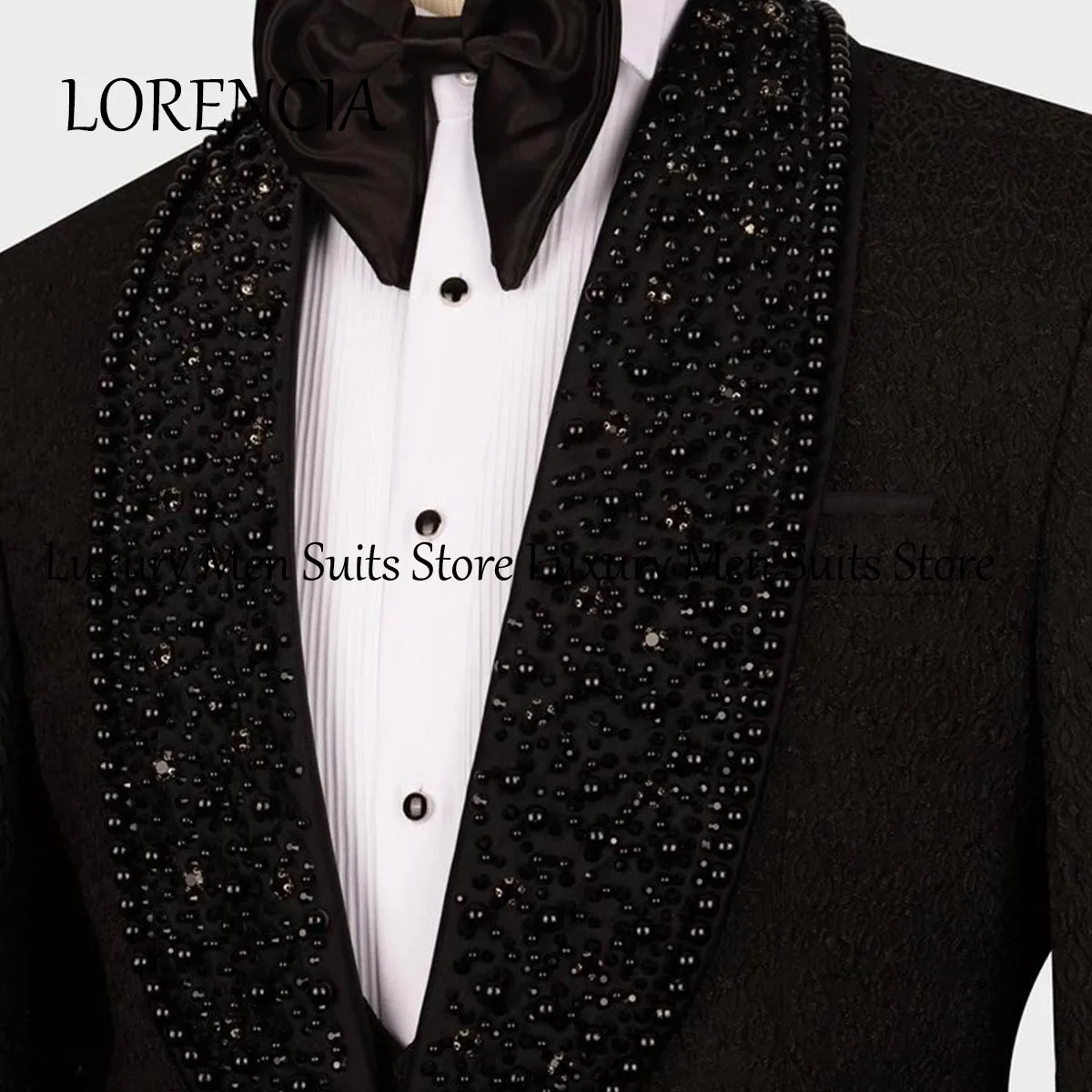 Sparkly Formal Diamond Pearl Beaded Men Suits Shawl Lapel Groom Wedding Tuxedo 3 Pieces Sets Customized Male Prom Blazer