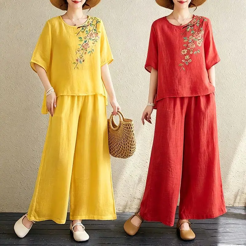 2026 Spring Summer Lady Fashion Cotton Linen Blouse 2PCS Korean Women Printed Tops Wide-leg Pants Two Piece Suit Female Outfits