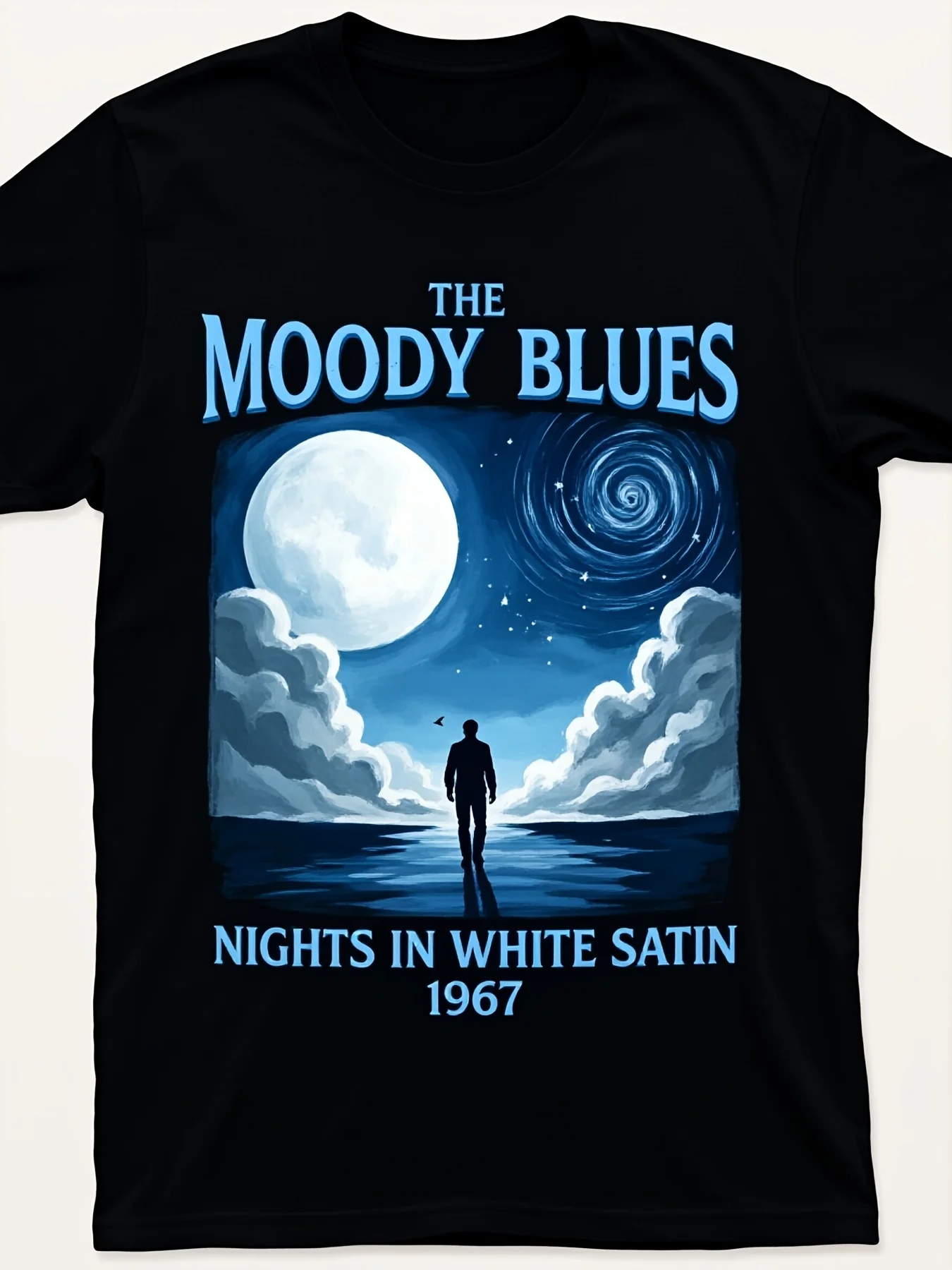 Melancholy Blues Band White Night Theme T-Shirt, Vintage Black Print, Full And Spiral Galaxy Pattern, Nostalgic Classic Rock Aesthetics, an Excellent Gift for Music Lovers And Retro Enthusiasts, Round Neck Printed Casual Short Sleeve T-Shirt