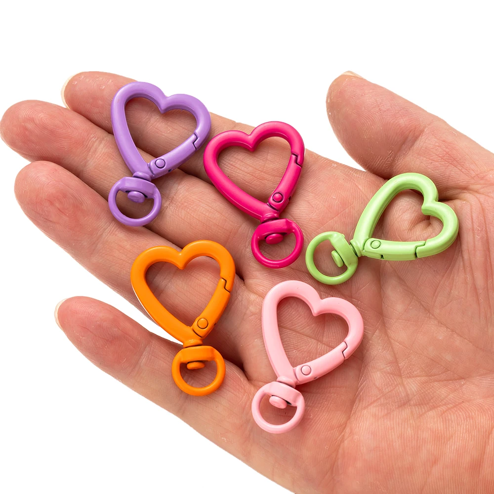5pcs Colorful Heart Shape Metal Spring Clasp Hooks Carabiner Key Rings Connectors For DIY Keychains Jewelry Making Accessories