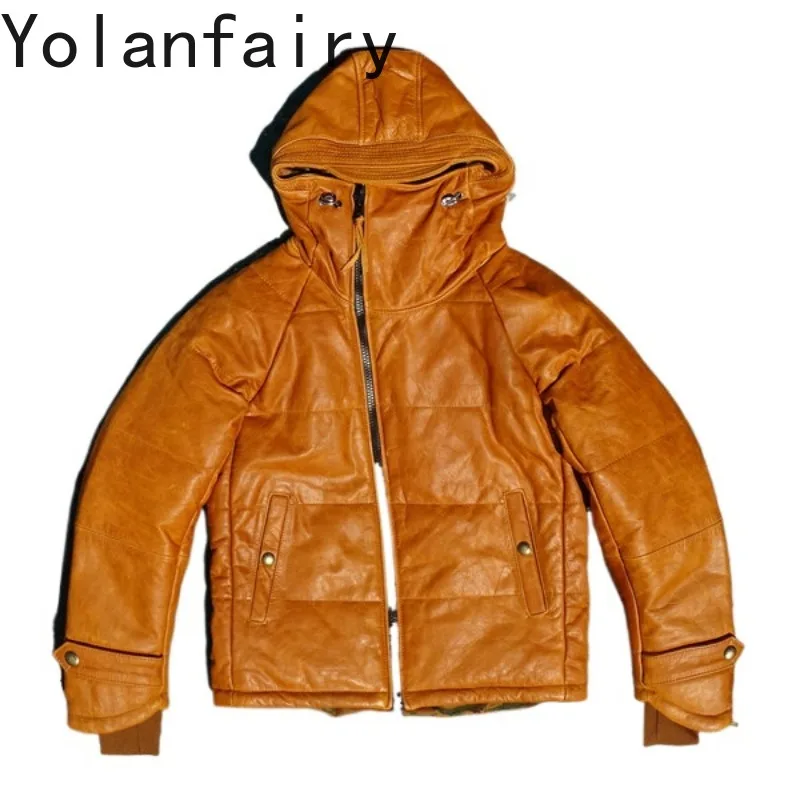 YOLANFAIRY 100% Genuine Leather Jacket Men Fashion Real Horsehide Leather Coat Man Clothes Hooded High Quality Padded Jacket