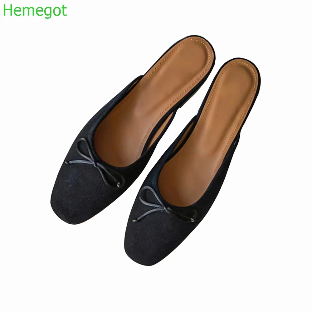 Genuine Leather Square Toe Ladies Slippers Black Butterfly Knot Covered Toe Shoes Fashion Suede Flat Women Slippers