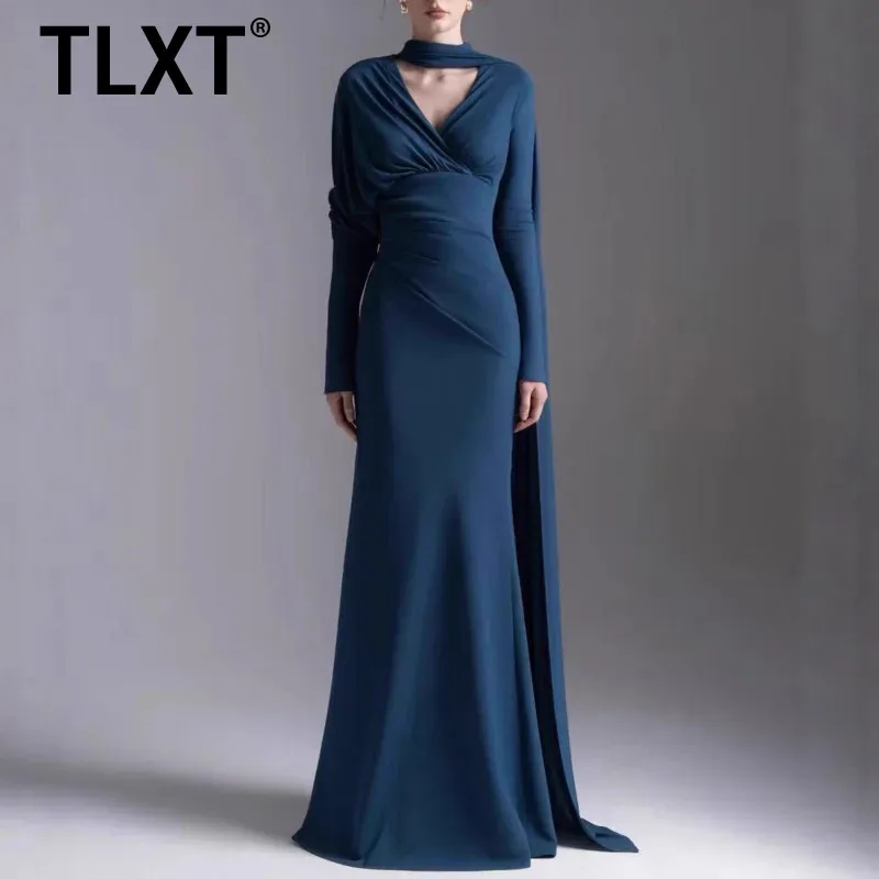 

TLXT модное женское элегантное вечернее платье с v-образным вырезом и длинными рукавами, рюшами, шарфом и лентой, женские платья макси, 2026, весенняя новинка