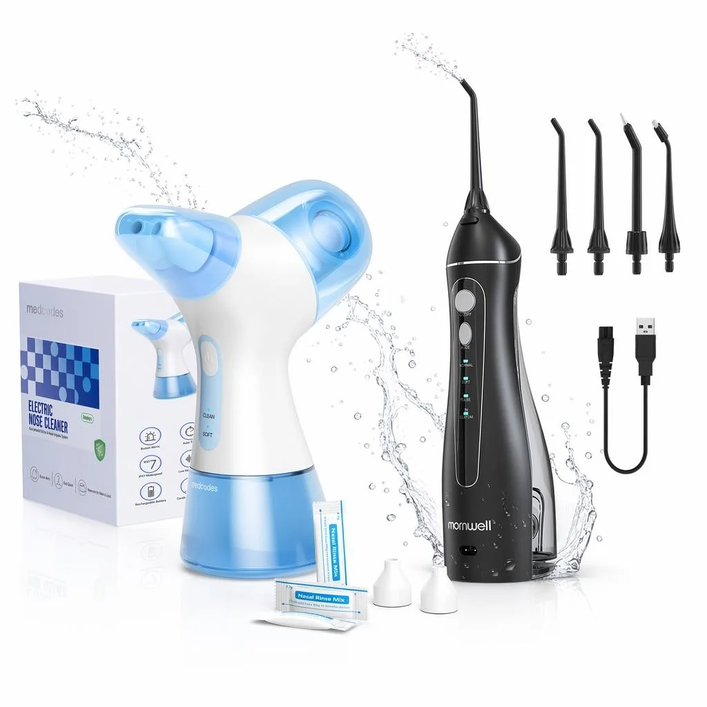 

Rechargeable 2-in-1 Nasal Irrigator and Water Flosser Kit with 30 Salt Packs, Portable Nose Cleaner for Home and Travel