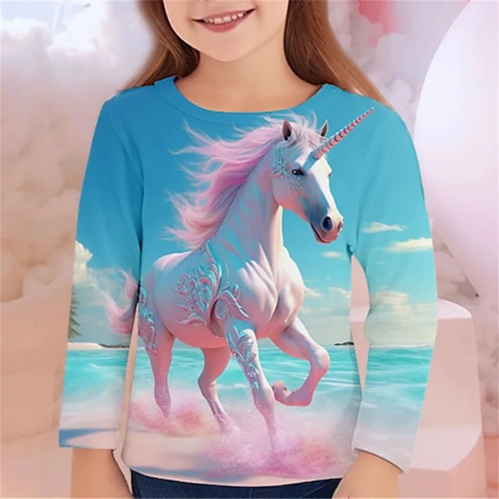 Girl Clothes Horse Graphic T Shirts Children Long Sleeve Top 2024 Girl Summer Child Baby T-Shirt Children\'s Clothing Girls Tees