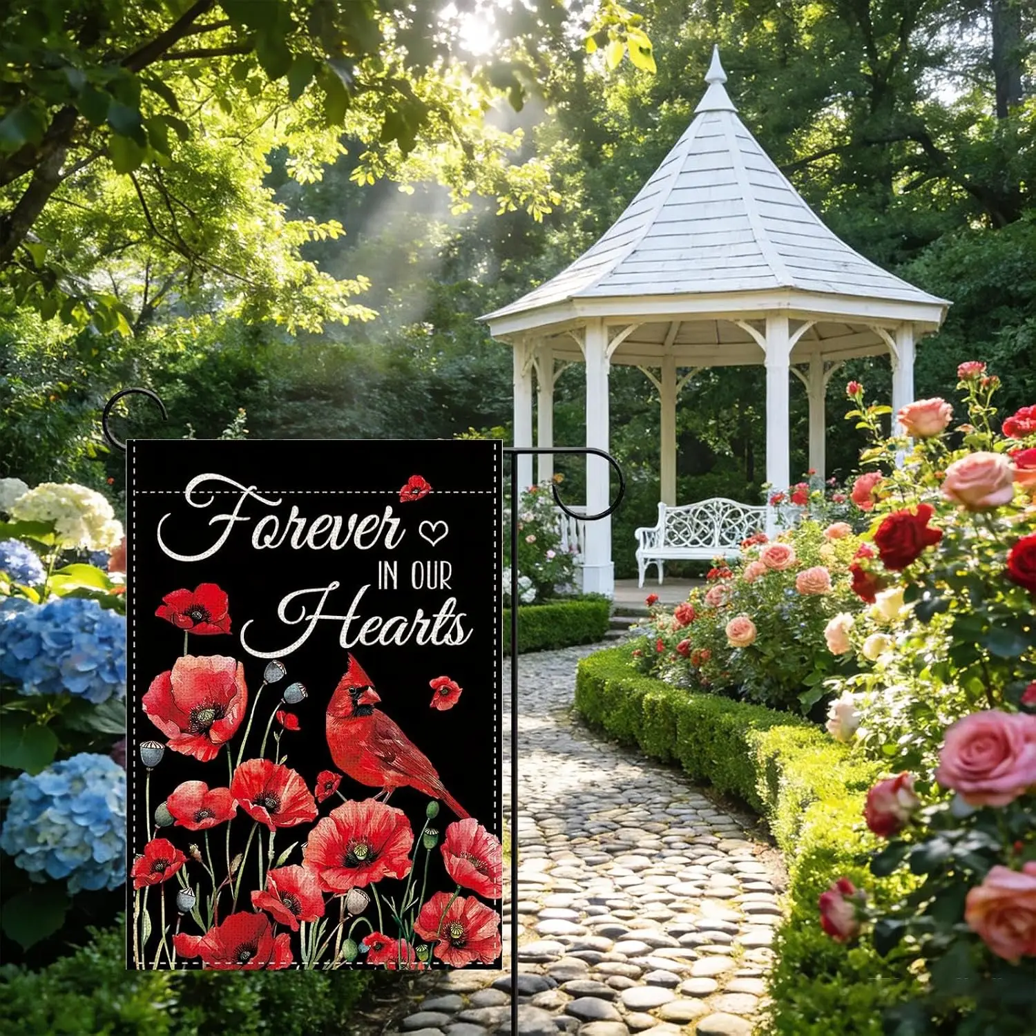 Memorial Cardinal Poppy Flower Decorative Garden Flag, Forever in Our Hearts Red Birds Floral Small Yard Outside Decorations IIC
