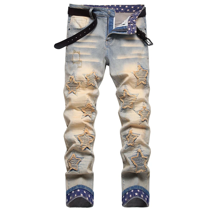 Men's Fashion Jeans Stars Stick Cloth Elastic Slim Pencil Pants Hip Hop Locomotive Autumn Clothing